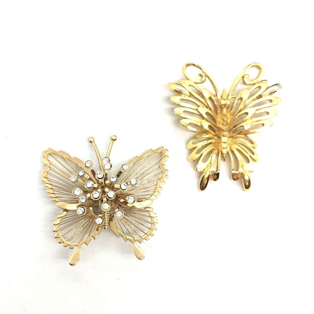 Vintage Monet Brooch Set 2 Butterfly Gold Tone Butterflies Pin Lot Atomic Starbu